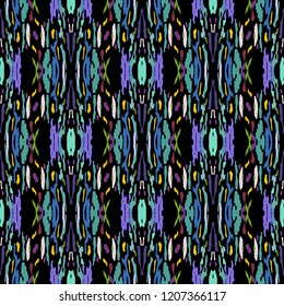 Ikat batik print in modern style, shibori fabric design. Tribal ethnic seamless pattern. Vintage endless repeat ornament. Traditional folk ikat texture. Vector watercolor geometric background.