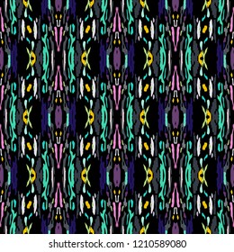 Ikat batik print in modern style, shibori fabric design. Tribal ethnic seamless pattern. Vintage endless repeat ornament. Traditional folk ikat texture. Vector watercolor geometric background.