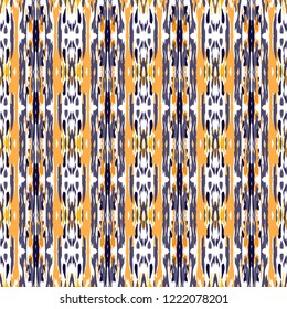 Ikat batik print modern style, shibori fabric design. Tribal embroidery ethnic seamless pattern. Vintage endless repeat ornament. Traditional folk ikat texture. Vector watercolor geometric background.