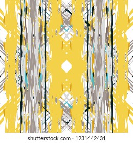 Ikat batik print modern style, shibori fabric design. Tribal embroidery ethnic seamless pattern. Vintage endless repeat ornament. Traditional folk ikat texture. Vector watercolor geometric background.