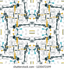 Ikat batik print modern style, shibori fabric design. Tribal embroidery ethnic seamless pattern. Vintage endless repeat ornament. Traditional folk ikat texture. Vector watercolor geometric background.