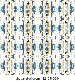 Ikat batik print modern style, shibori fabric design. Tribal embroidery ethnic seamless pattern. Vintage endless repeat ornament. Traditional folk ikat texture. Vector watercolor geometric background.