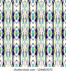 Ikat batik print modern style, shibori fabric design. Tribal embroidery ethnic seamless pattern. Vintage endless repeat ornament. Traditional folk ikat texture. Vector watercolor geometric background.