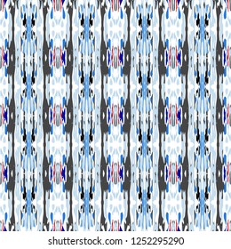 Ikat batik print modern style, shibori fabric design. Tribal embroidery ethnic seamless pattern. Vintage endless repeat ornament. Traditional folk ikat texture. Vector watercolor geometric background.