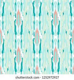 Ikat batik print modern style, shibori fabric design. Tribal embroidery ethnic seamless pattern. Vintage endless repeat ornament. Traditional folk ikat surface. Vector watercolor geometric background.