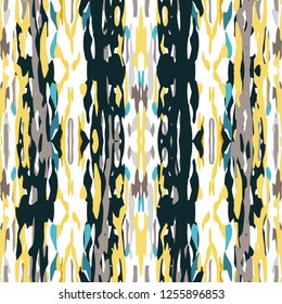 Ikat batik print modern style, shibori fabric design. Tribal embroidery ethnic seamless pattern. Vintage endless repeat ornament. Traditional folk ikat texture. Vector watercolor geometric background.