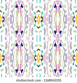 Ikat batik print modern style, shibori fabric design. Tribal embroidery ethnic seamless pattern. Vintage endless repeat ornament. Traditional folk ikat texture. Vector watercolor geometric background.