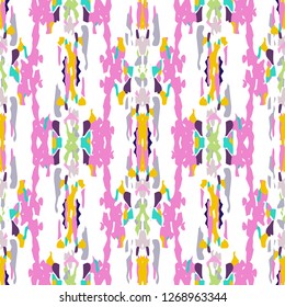 Ikat batik print modern style, shibori fabric design. Tribal embroidery ethnic seamless pattern. Vintage endless repeat ornament. Traditional folk ikat texture. Vector watercolor geometric background.