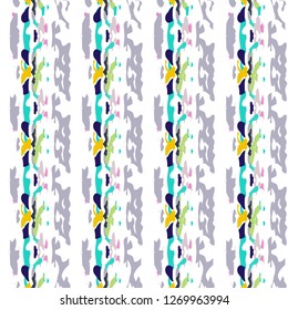 Ikat batik print modern style, shibori fabric design. Tribal embroidery ethnic seamless pattern. Vintage endless repeat ornament. Traditional folk ikat texture. Vector watercolor geometric background.