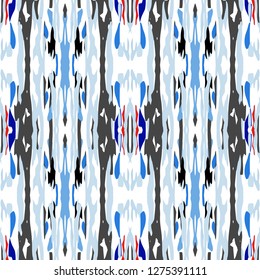 Ikat batik print modern style, shibori fabric design. Tribal embroidery ethnic seamless pattern. Vintage endless repeat ornament. Traditional folk ikat texture. Vector watercolor geometric background.