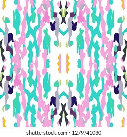 Ikat batik print modern style, shibori fabric design. Tribal embroidery ethnic seamless pattern. Vintage endless repeat ornament. Traditional folk ikat texture. Vector watercolor geometric background.