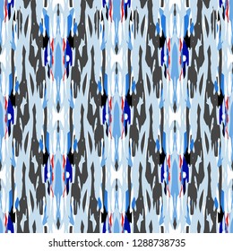 Ikat batik print modern style, shibori fabric design. Tribal embroidery ethnic seamless pattern. Vintage endless repeat ornament. Traditional folk ikat texture. Vector watercolor geometric background.