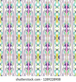 Ikat batik print modern style, shibori fabric design. Tribal embroidery ethnic seamless pattern. Vintage endless repeat ornament. Traditional folk ikat texture. Vector watercolor geometric background.