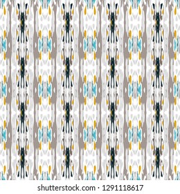Ikat batik print modern style, shibori fabric design. Tribal embroidery ethnic seamless pattern. Vintage endless repeat ornament. Traditional folk ikat texture. Vector watercolor geometric background.