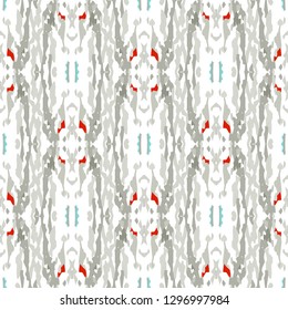 Ikat batik print modern style, shibori fabric design. Tribal embroidery ethnic seamless pattern. Vintage endless repeat ornament. Traditional folk ikat texture. Vector watercolor geometric background.