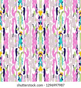Ikat batik print modern style, shibori fabric design. Tribal embroidery ethnic seamless pattern. Vintage endless repeat ornament. Traditional folk ikat texture. Vector watercolor geometric background.