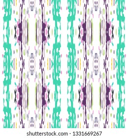 Ikat batik print modern style, shibori fabric design. Tribal embroidery ethnic seamless pattern. Vintage endless repeat ornament. Traditional folk ikat texture. Vector watercolor geometric background.