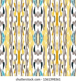 Ikat batik print modern style, shibori fabric design. Tribal embroidery ethnic seamless pattern. Vintage endless repeat ornament. Traditional folk ikat texture. Vector watercolor geometric background.