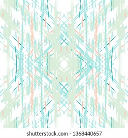 Ikat batik print modern style, shibori fabric design. Tribal embroidery ethnic seamless pattern. Vintage endless repeat ornament. Traditional folk ikat surface. Vector watercolor geometric background.