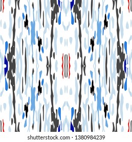 Ikat batik print modern style, shibori fabric design. Tribal embroidery ethnic seamless pattern. Vintage endless repeat ornament. Traditional folk ikat texture. Vector watercolor geometric background.