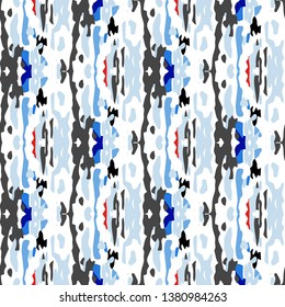Ikat batik print modern style, shibori fabric design. Tribal embroidery ethnic seamless pattern. Vintage endless repeat ornament. Traditional folk ikat texture. Vector watercolor geometric background.