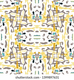 Ikat batik print modern style, shibori fabric design. Tribal embroidery ethnic seamless pattern. Vintage endless repeat ornament. Traditional folk ikat texture. Vector watercolor geometric background.