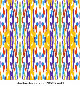 Ikat batik print modern style, shibori fabric design. Tribal embroidery ethnic seamless pattern. Vintage endless repeat ornament. Traditional folk ikat surface. Vector watercolor geometric background.