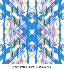 Ikat batik print modern style, shibori fabric design. Tribal embroidery ethnic seamless pattern. Vintage endless repeat ornament. Traditional folk ikat surface. Vector watercolor geometric background.