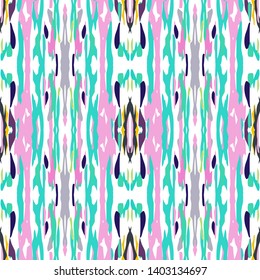 Ikat batik print modern style, shibori fabric design. Tribal embroidery ethnic seamless pattern. Vintage endless repeat ornament. Traditional folk ikat texture. Vector watercolor geometric background.