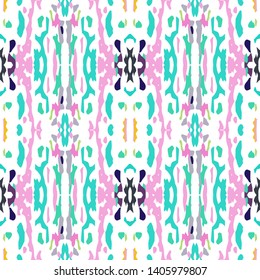 Ikat batik print modern style, shibori fabric design. Tribal embroidery ethnic seamless pattern. Vintage endless repeat ornament. Traditional folk ikat texture. Vector watercolor geometric background.