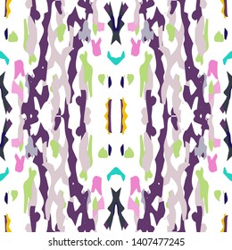 Ikat batik print modern style, shibori fabric design. Tribal embroidery ethnic seamless pattern. Vintage endless repeat ornament. Traditional folk ikat texture. Vector watercolor geometric background.