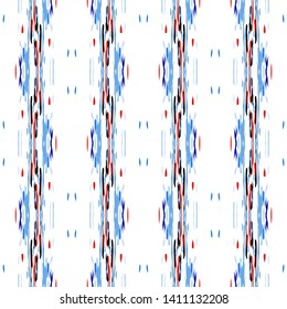 Ikat batik print modern style, shibori fabric design. Tribal embroidery ethnic seamless pattern. Vintage endless repeat ornament. Traditional folk ikat texture. Vector watercolor geometric background.