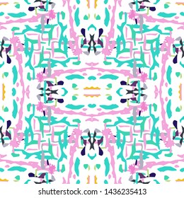 Ikat batik print modern style, shibori fabric design. Tribal embroidery ethnic seamless pattern. Vintage endless repeat ornament. Traditional folk ikat texture. Vector watercolor geometric background.