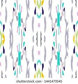 Ikat batik print modern style, shibori fabric design. Tribal embroidery ethnic seamless pattern. Vintage endless repeat ornament. Traditional folk ikat texture. Vector watercolor geometric background.