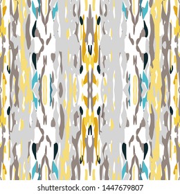 Ikat batik print modern style, shibori fabric design. Tribal embroidery ethnic seamless pattern. Vintage endless repeat ornament. Traditional folk ikat texture. Vector watercolor geometric background.