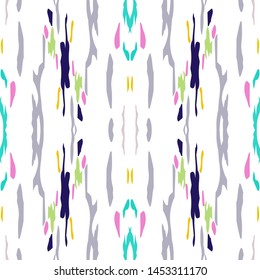 Ikat batik print modern style, shibori fabric design. Tribal embroidery ethnic seamless pattern. Vintage endless repeat ornament. Traditional folk ikat texture. Vector watercolor geometric background.