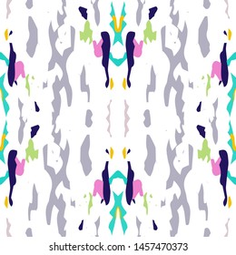 Ikat batik print modern style, shibori fabric design. Tribal embroidery ethnic seamless pattern. Vintage endless repeat ornament. Traditional folk ikat texture. Vector watercolor geometric background.
