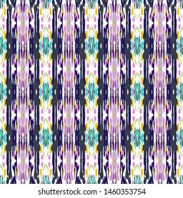 Ikat batik print modern style, shibori fabric design. Tribal embroidery ethnic seamless pattern. Vintage endless repeat ornament. Traditional folk ikat texture. Vector watercolor geometric background.
