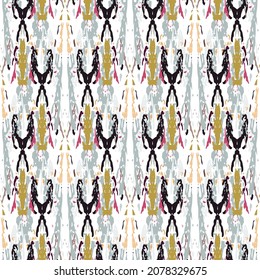 Ikat batik imprimen estilo moderno, diseño de tela shibori. El bordado tribal es un patrón sin fisuras. Ornamento repetitivo inagotable. Textura tradicional de ikat folk. Fondo geométrico de la acuarela vectorial.