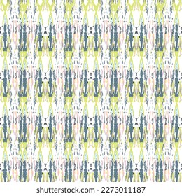 Ikat batik imprimen estilo moderno, diseño de tela shibori. El bordado tribal es un patrón sin fisuras. Ornamento repetitivo inagotable. Textura tradicional de ikat folk. Fondo geométrico de la acuarela vectorial.