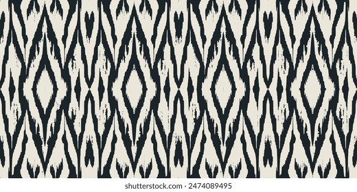 Ikat tela de diamantes blancos negros , Etnia botánica de la moda de dibujos coloridos hermoso textil ornamental oge sin fin ornamento sin fisuras de moda sin fin patrón de ilustración de Vector de rayas 