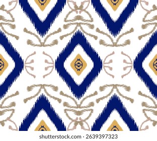 ikat blue diamond and white, embriodery mute flowers.