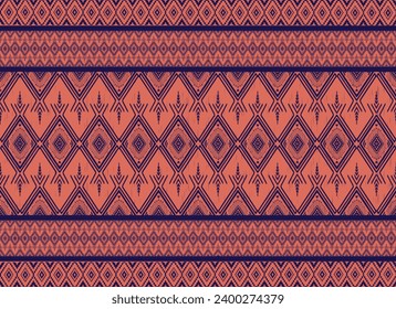 Ikat blue fabric pattern on orange pixel Abstract Aztec symbol illustration geometric shape vector pattern Ethic nature native tribal work background backdrop wallpaper print textile clothing fashion 