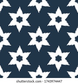 Ikat. Blue. Seamless pattern. Geometry. Design with manual hatching. Ethnic boho ornament. Vector illustration for web design or print.