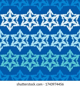 Ikat. Blue. Seamless pattern. Geometry. Design with manual hatching. Ethnic boho ornament. Vector illustration for web design or print.