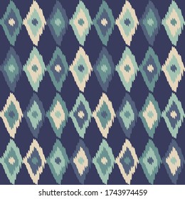 Ikat. Blue. Seamless pattern. Geometry. Design with manual hatching. Ethnic boho ornament. Vector illustration for web design or print.