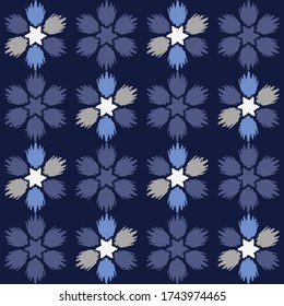 Ikat. Blue. Seamless pattern. Geometry. Design with manual hatching. Ethnic boho ornament. Vector illustration for web design or print.