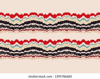 Ikat border. Geometric folk ornament. Tribal  vector texture. Seamless striped pattern in Aztec style. Ethnic embroidery. Indian, Scandinavian, Gypsy, Mexican, African rug.