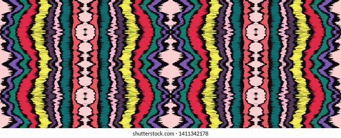 Ikat border. Geometric folk ornament. Tribal vector texture. Seamless striped pattern in Aztec style. Ethnic embroidery. Indian, Scandinavian, Gypsy, Mexican, African rug.