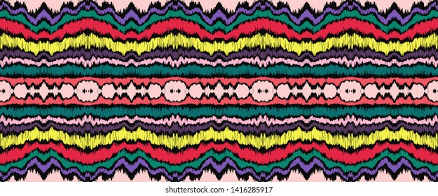 Ikat border. Geometric folk ornament. Tribal vector texture. Seamless striped pattern in Aztec style. Ethnic embroidery. Indian, Scandinavian, Gypsy, Mexican, African rug.